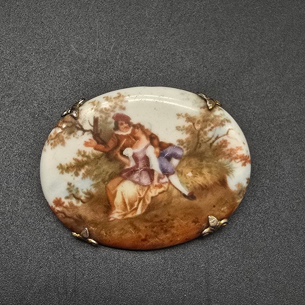 Porcelain Victorian Courting Scene Brooch Vintage Man Woman Costume Jewelry